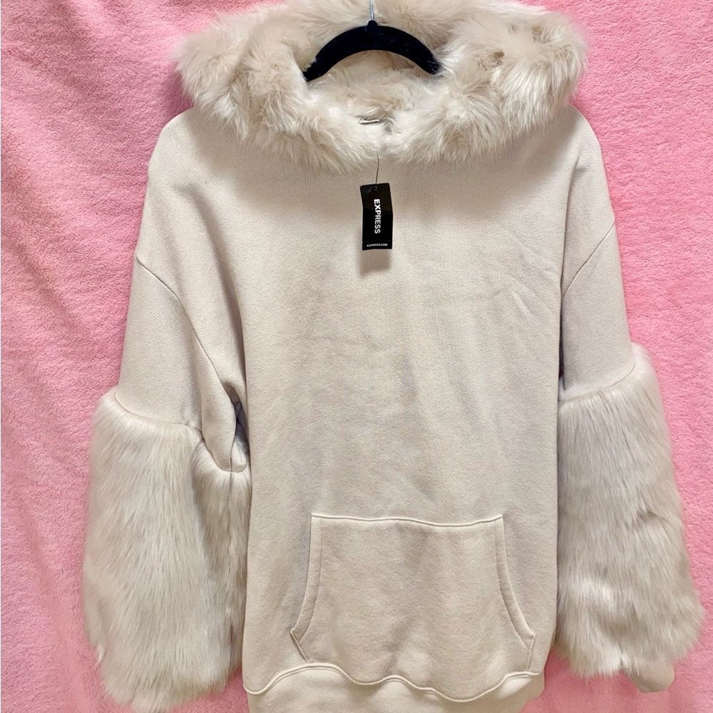 Express White Faux Fur Trim Sleeves Hoodie Sweatshirt Small Furry Christmas Gift - Picture 14 of 15